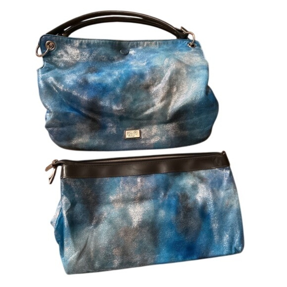 Beijo Couture Blue Silver Metallic Tie Dye Hobo Bag and‎ Pouch Set 2pc